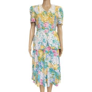 Vintage 1980's Lace Collar Puffy Sleeve Floral Skirt Set Size 6